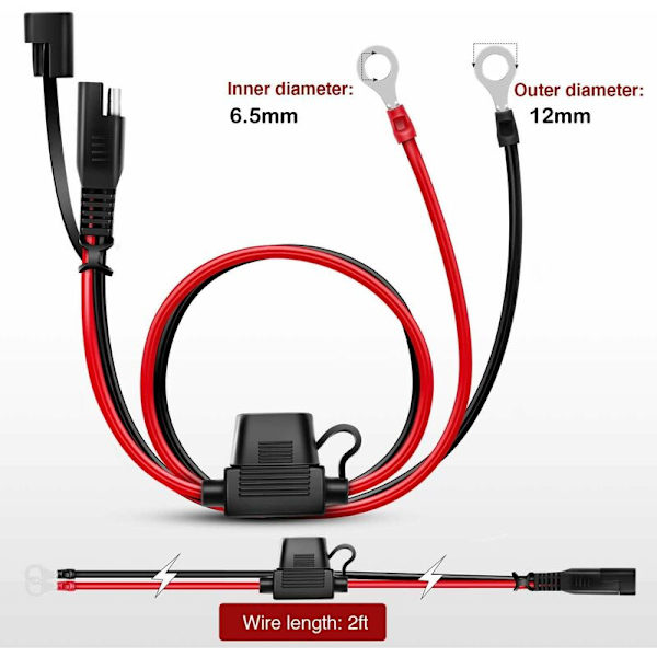 2 st SAE 2FT 12V 0,6 m SAE snabbkoppling ringsele, SAE hane till O-ring startkabel, 2-polig snabbkoppling förlängningskabel, 2 x 10A säkringar