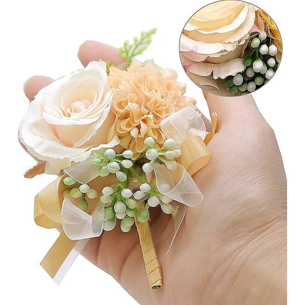 2 stk. Champagner Bryllups Boutonniere, Bryllupsblomst Håndleds Corsage, Brudepiger Håndledsblomst Velegnet