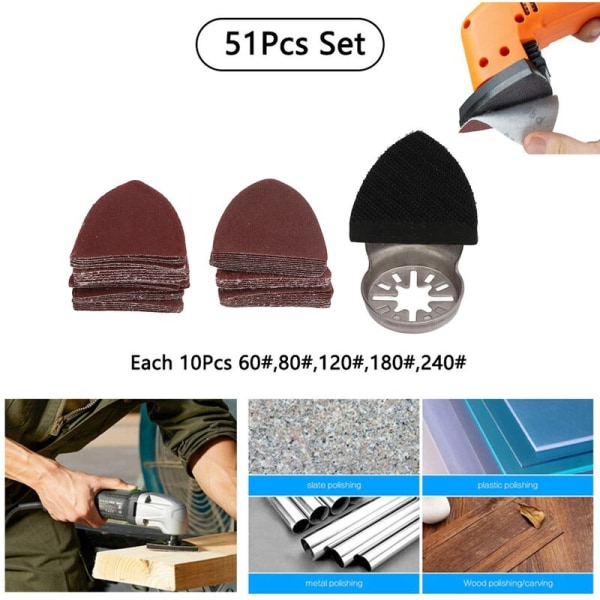 51-delad multifunktionell oscillerande sandpapper och slipdynor set triangulärt kardborreverktyg