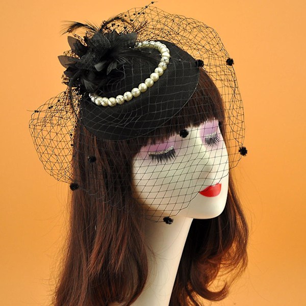 Mesh Veil Hodeplagg Sløyfe Fjær Perle Fascinators Hat Cocktail Kostyme