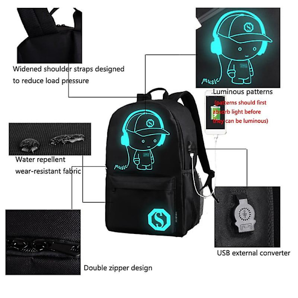 Anime Lysende Rygsæk Daypack Under 15,6 tommer med USB-opladningsport og lås Skole Taske, Tilbage til skolen tilbud, Tilbage til skolen tilbehør (sort)
