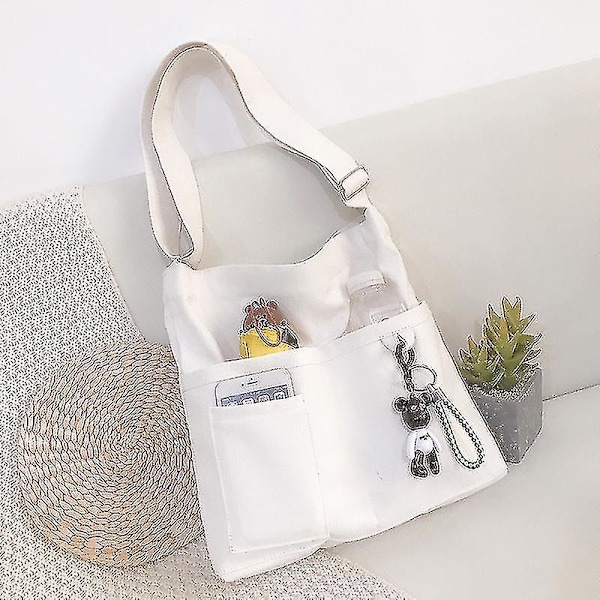 Canvasväska Dam Messenger Bag Litterär Canvasväska Dam Axelväska Student Klassväska (vit)