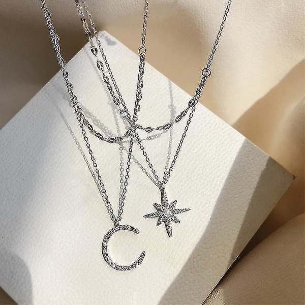 S925 Sterling Silver Star Moon Dubbelhalsband Kvinnor Nyckelbenskedja Glänsande diamant Mode smycketillbehör