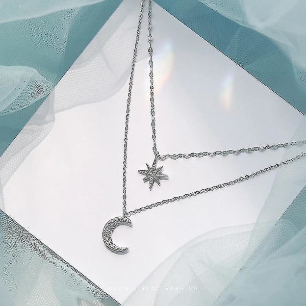 S925 Sterling Silver Star Moon Dubbelhalsband Kvinnor Nyckelbenskedja Glänsande diamant Mode smycketillbehör