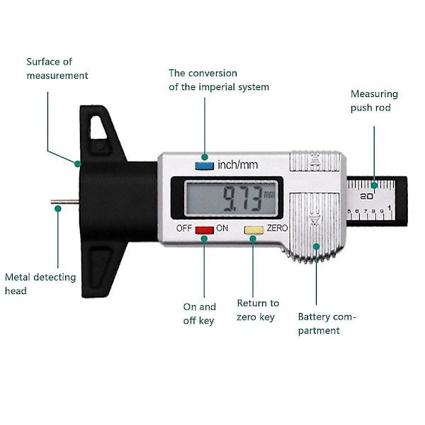 Kannettava digitaalinen auton rengasrenkaan kulutuspinnan syvyysmittari jarrusatula paksuusmittari（Musta）