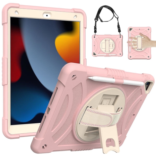 Färgglatt fodral för iPad 10,2 tum 2019 2020 med axelrem, handrem, justerbart stativ, fallskyddsskydd (rosa)