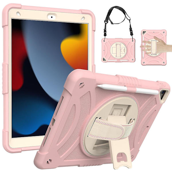 Värikäs kotelo iPad 10.2 tuumaa 2019 2020 olkahihnalla, käsihihnalla, säädettävällä telineellä, putoamissuojalla（Rose Pink）