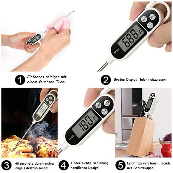 Set med 5 digitala termometrar, stektermometer, kötttermometer, LCD grill BBQ kött, grilltermometer