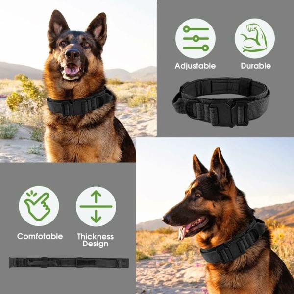 Militärt hundhalsband med justerbart nylon för medelstora och stora hundar med kraftigt metallspänne, svart hundhalsband, storlek XL 50-59 cm (svart)