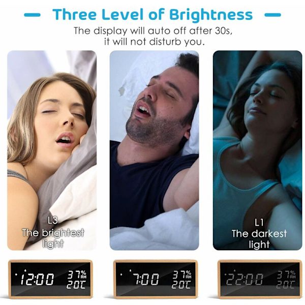 LED-väckarklocka, digital väckarklocka, bordsklocka med röststyrning, datum, temperatur och luftfuktighet, för hem, sovrum, barnrum och kontor