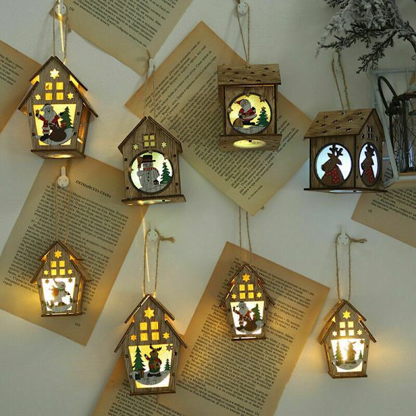 Festival LED Trä Hus Trä Dekoration Hem Dekoration Hängande Fe Ljus Bröllop Present Dekoration - (8 x 5,5 x 11cm), Älg Tvilling Tak