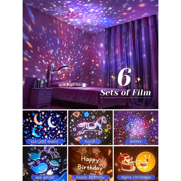 Star Projector Night Light Kids, White Noise Machine Baby Night Light Projector, 360roterande 6 filmer projektorljus för barn, 12 färger