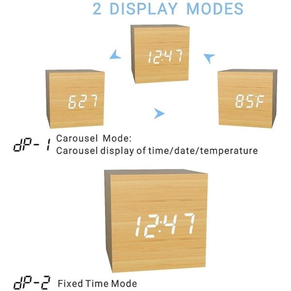 1 stk digital vekkerklokke i tre, USB-drevet bordklokke, kubeklokke (bambusfarge)