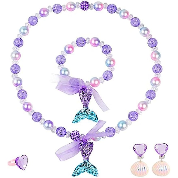 Sjöjungfru Halsband Armband Örhänge Set Barn Liten Sjöjungfru Flicka Prinsessa Lek Sjöjungfru Fest Kostym Dekoration Present Sjöjungfru Tillbehör