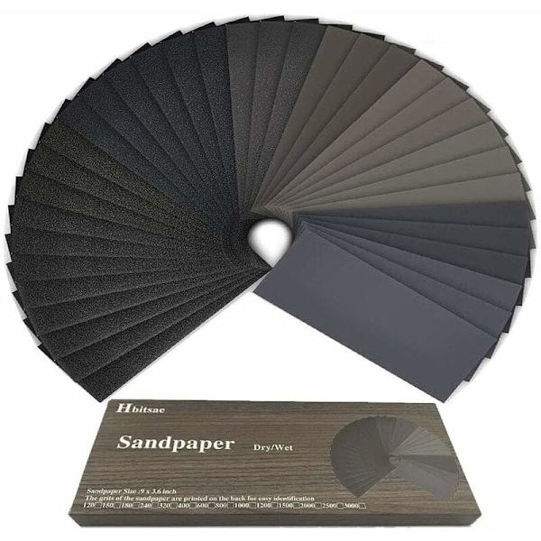 120-3000 Grit Sandpapper Våt/Torr Sandpapper 9\" x 3.6\" för Polering av Metall, Trä och Våt Bilar（42 Papper）