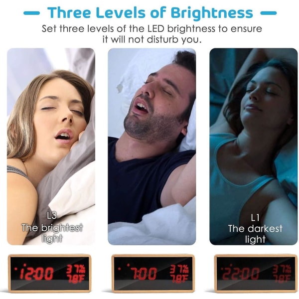 Trädigital väckarklocka, digital klocka med 3 larminställningar, USB-driven elektronisk väckarklocka Snooze väckarklocka, LED-display av tid, temperatur