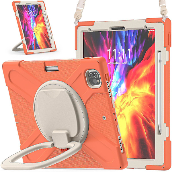 Nytt deksel for iPad Pro 12,9 tommer 2020 med skulderstropp, roterende stativ, pennholder (koralloransje)