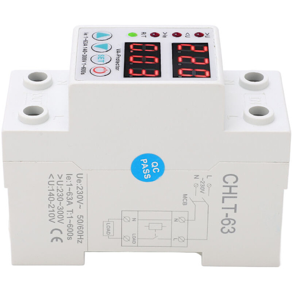 Spänningskyddsenhet Justerbar Digital Display Auto Recovery Flamskyddad Avledare Enhet 1-63A 230V