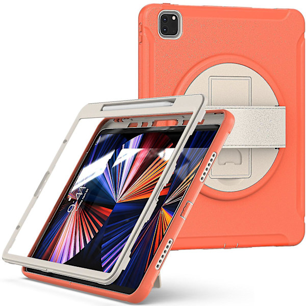 Nytt korallrött fodral för iPad Pro 12,9 tum 2021 med handrem, justerbart stativ, pennhållare (korallorange)