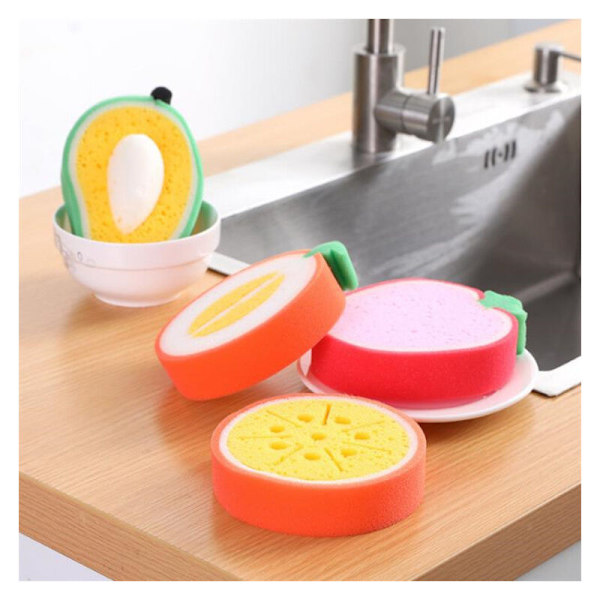 Två mango frukt förtjockade svampdukar för rengöring av diskar svamp disktrasa disktrasa panna torka bord kan återanvändas för matlagning och användning