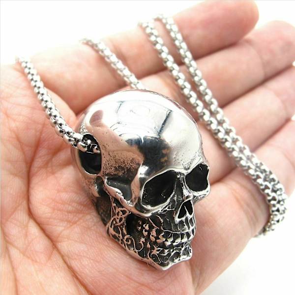 Herre Skull Vedhæng Gotisk Biker Sølv Halskæde Rustfrit Stål Kæde Halloween（Sølv）