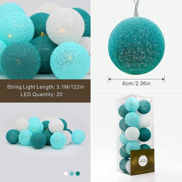 Cotton Ball Light Garland - 3,1 m 20er Led Light Light Light Led Chain Led kompatibel med interiör