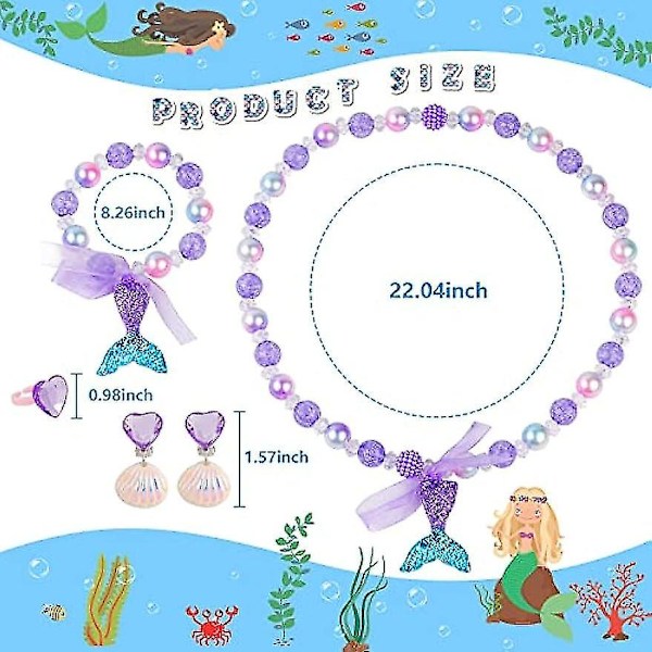 Sjöjungfru Halsband Armband Örhänge Set Barn Liten Sjöjungfru Flicka Prinsessa Lek Sjöjungfru Fest Kostym Dekoration Present Sjöjungfru Tillbehör