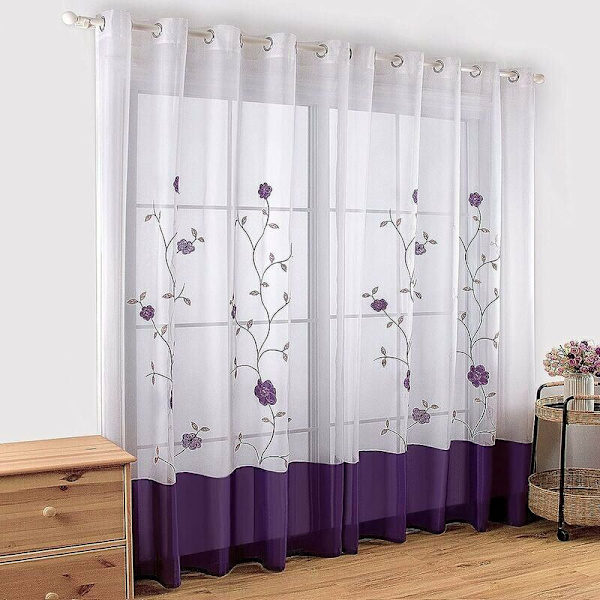 Set med 2 genomskinliga spetsgardiner med blommönster för sovrum, kök, vardagsrum, 140 cm x 245 cm, lila