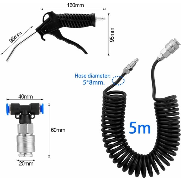 longziming Blåspistol lastbil blåspistol med 5 meter spiral slang Lastbil blåspistol rengöringssats med T-kontakt, svart