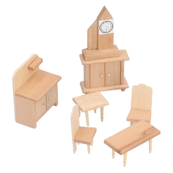1:12 Liten dockhus i trä, möbler, scenset, miniatyr i trä, tillbehör, bord, stol, skåp, köksserie