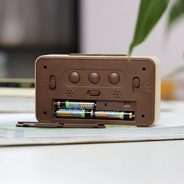 Batteridrevet LED-vækkeur i træ, smart sensor nattelys, med snooze, dato, temperatur, 12/24 timer omskiftelig, (træ)