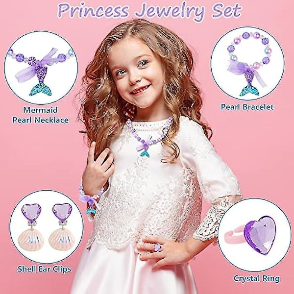 Sjöjungfru Halsband Armband Örhänge Set Barn Liten Sjöjungfru Flicka Prinsessa Lek Sjöjungfru Fest Kostym Dekoration Present Sjöjungfru Tillbehör