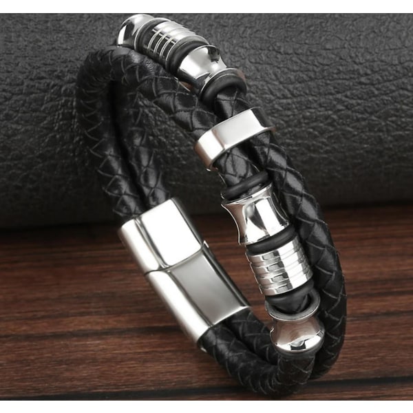 Men Black Leather Strap Silver Stainless Steel Magnetic Buckle