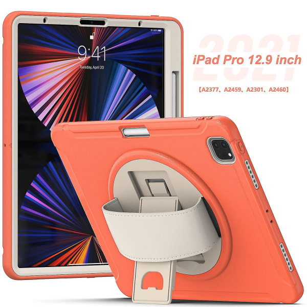 Nytt korallrött fodral för iPad Pro 12,9 tum 2021 med handrem, justerbart stativ, pennhållare (korallorange)