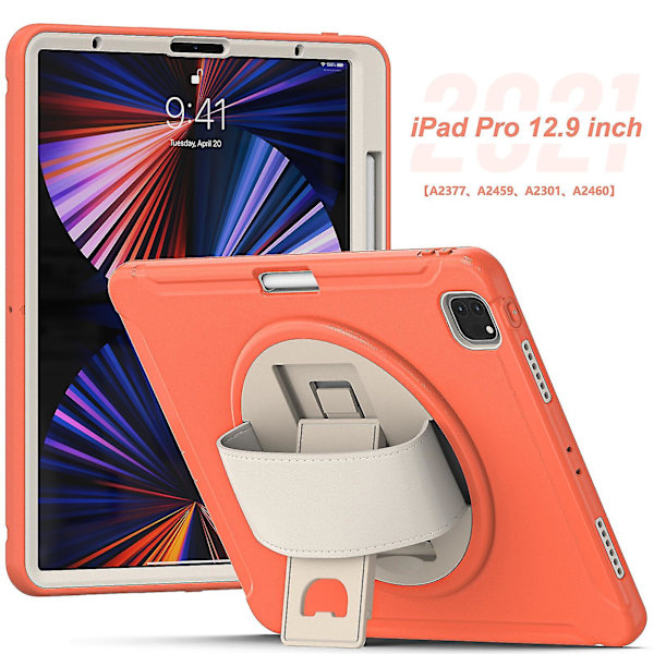 Uusi korallinpunainen kotelo iPad Pro 12.9 tuuman 2021 mallille, jossa käsihihna, säädettävä jalusta ja kynänpidike (korallin oranssi)