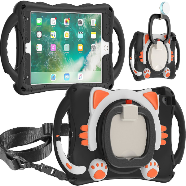 Nytt kattdesignfodral för iPad 9,7 tum 2017/2018 med axelrem, två handtag, 360 roterande stativ, stöttålig design (svart orange)