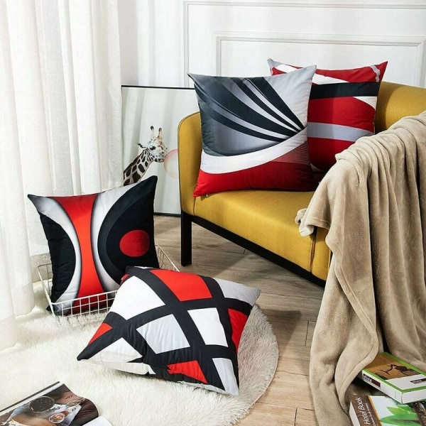 Kuddar, kuddfodral-modern-röd-grå ränder-i oljad akryl-grå-dekorativ-fyrkant-45 x 45 cm, 4 st.
