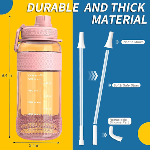 Motiverande vattenflaska med sugrör, 1L/2L sportvattenflaska med tidsmarkör, BPA-fri, läcksäker, hållbar (rosa)