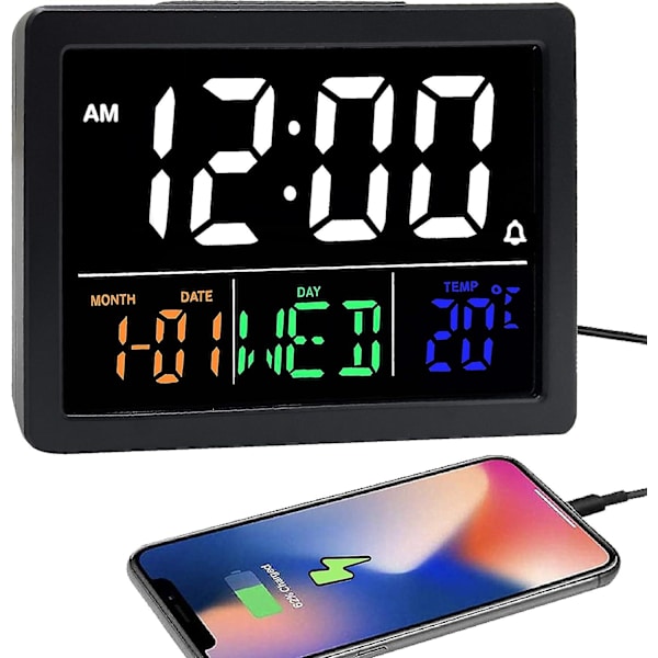 Digitalt vækkeur med 5,5\" stort LED-tidsdisplay, justerbar alarmvolumen, 6 niveauer Br