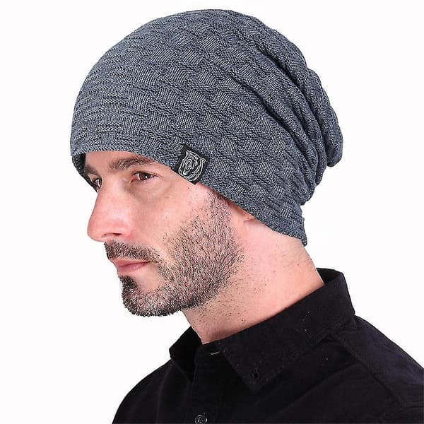 1 st hatt för män vinter varma mössor stickade slouchy tjock mössa (grå)
