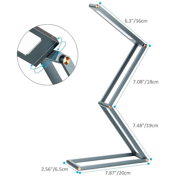 Led-skrivbordslampa, hopfällbar trådlös USB-laddningsbar bordslampa, svängbart lamphuvud, 3 dimbara lägen för sovrum, kontor, högskola, campinggrått område