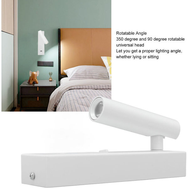 Väggmonterad läslampa justerbar vinkel minimalistisk LED-vägglampa med strömbrytare USB-utgång 100-240V vitt ljus