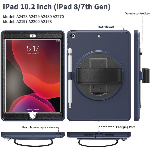 Raskaan sarjan suojakotelo iPad 10.2 tuumalle, jossa käsihihna, kynänpidike ja täydellinen suojaus