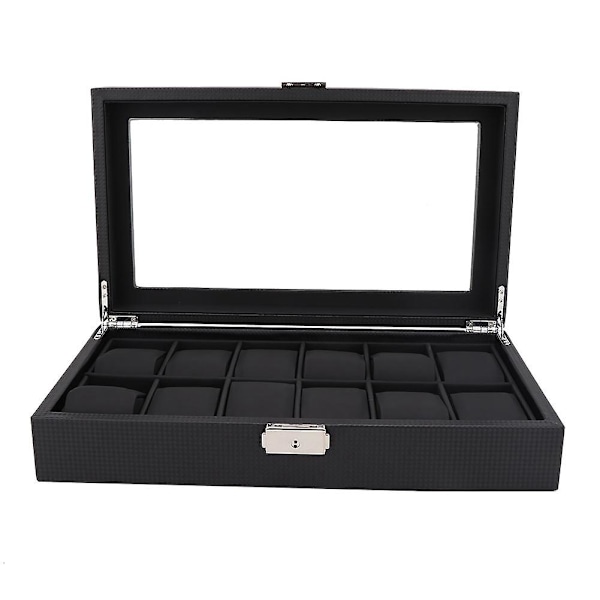 12 Slot Urkasse Læderboks Display Case Organizer Høj Kvalitet Smykkeopbevaring Sort
