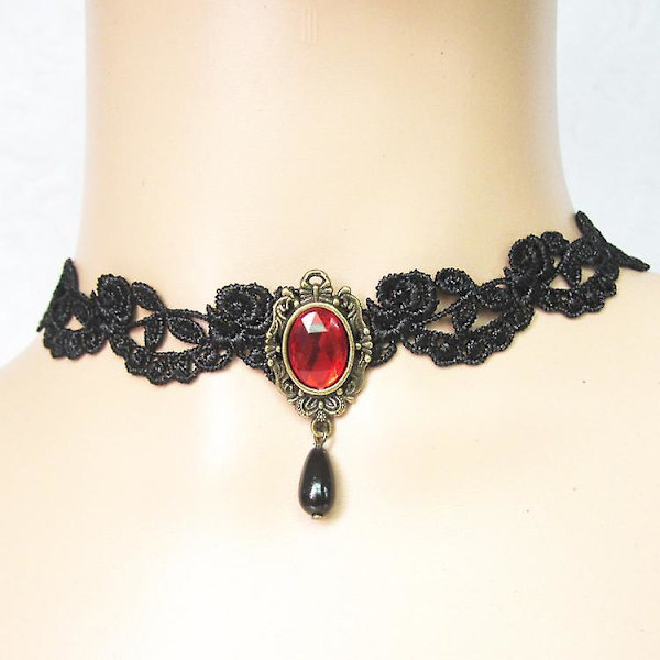 Gotisk svart choker blonder halskjede kongelig hoff vampyr choker halskjede rød rhinestone og svart dråpeformet anheng (rød)（rød）