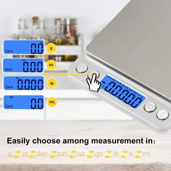Digital köksvåg med USB-laddning, 0,1 g/3 kg digitalvåg, elektronisk precisionsvåg, Psc/Tare/LCD-displayfunktion, 9 enhetskonvertering