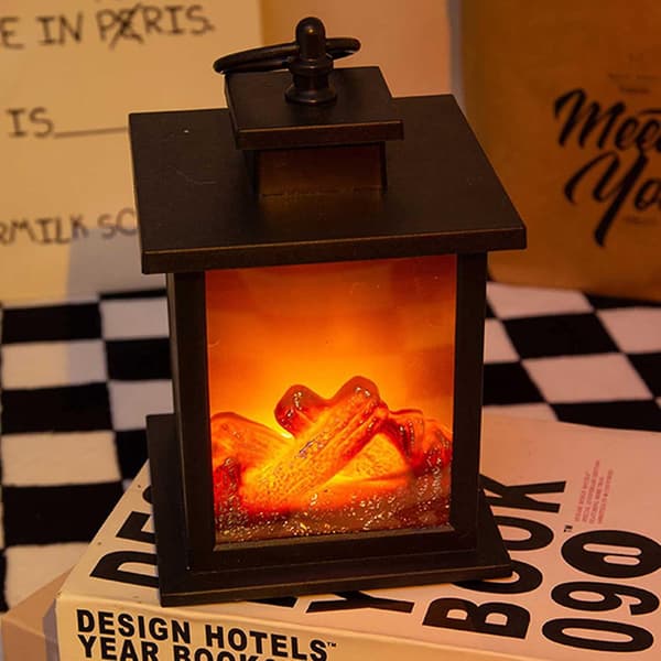 Dekorativ pejs lanterne, pejslys LED simulerer log flammeeffekt, touch switch og USB-drevet