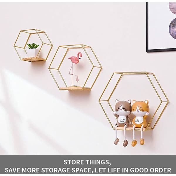 3-pack hexagonala väggmonterade hyllor i metall och trä för kök, badrum och sovrum (guld)
