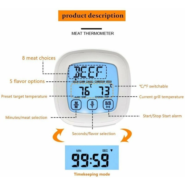 Digital kötttermometer med pekskärm, grilltermometer, ugnstermometer, kökstermometer, mattermometer, röktermometer, matlagningstermometer, bakljus, timer, matlagningslarm