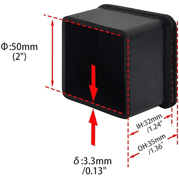 8 stk. skridsikre gummiben til stole, møbler, borde, 5,0 cm (2 tommer), firkantede, sorte